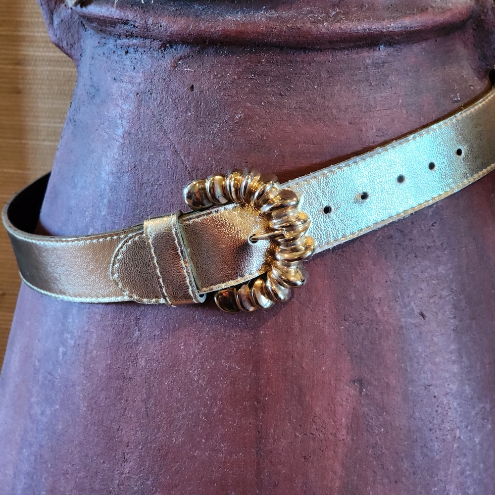 Gold Metallic Belt with Decorative Gold Buckle 1 ¼ Inch Wide 35" M/L